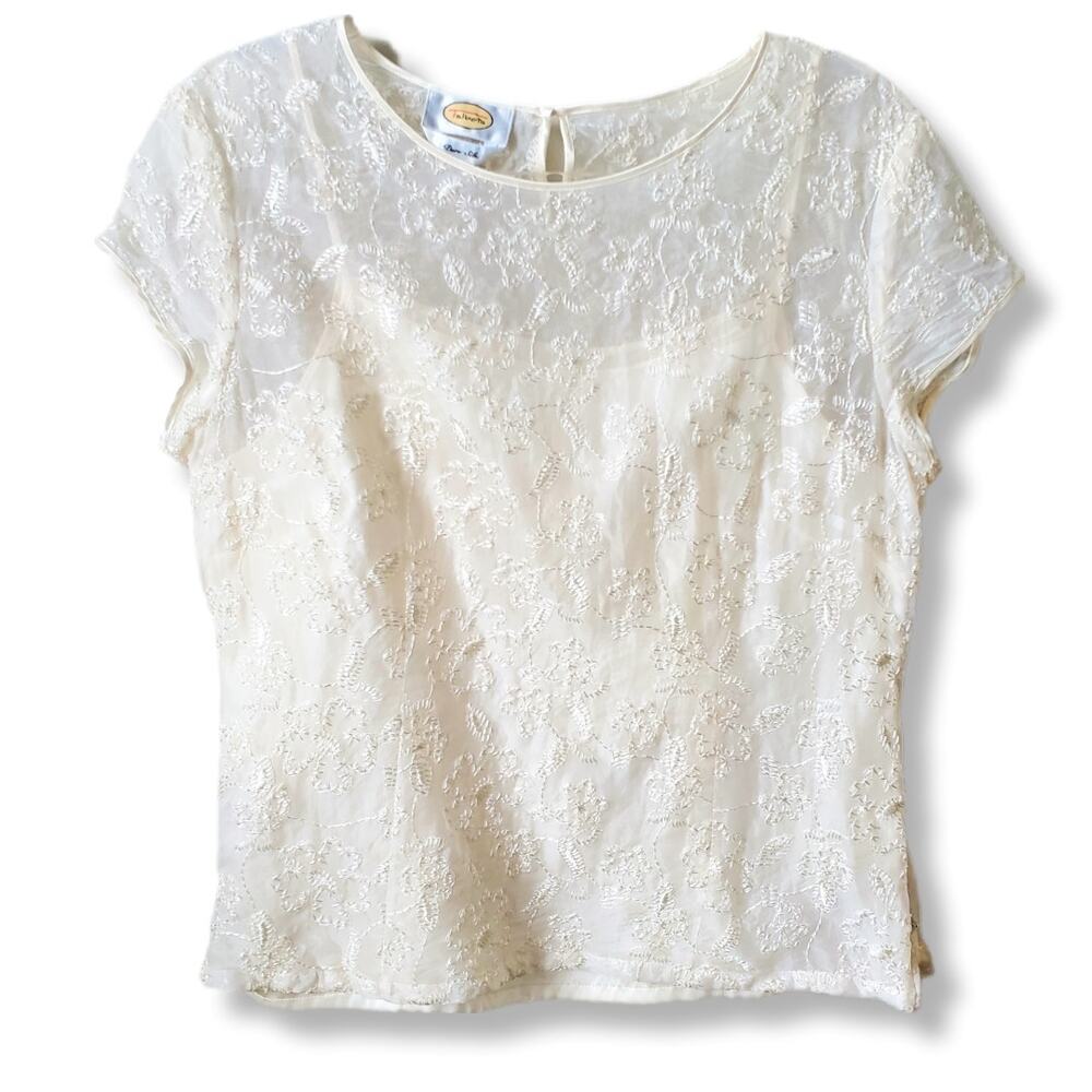 Women Talbots 90s Silk Sheer Blouse Top M Embroidered Coquette Cottage Twee